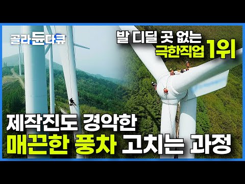 발 디딜 곳 아예 없는 풍차 보고 할 말 잃은 제작진. KTX 속도로 움직이는 풍차 날개 고치는 과정｜풍력 발전기 내부는 어떻게 생겼을까?｜극한직업｜#골라듄다큐
