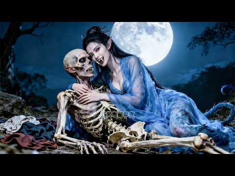 Beauty turns fanged monster, drains man to bones.