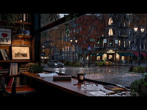 New York Autumn Coffee Shop Ambience ☕️🍂 / Rain and Distant Thunder Sounds for Study and Relaxation