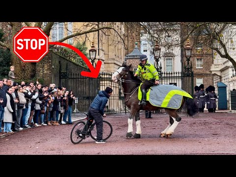 STUPID IDIOT GETS TOO CLOSE TO THE KING’S GUARDS SO POLICEMAN CHARGES HIS MASSIVE HORSE AT HIM 🇬🇧