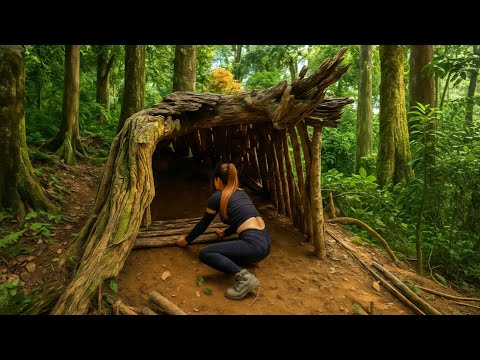 Build a log cabin from rotten tree trunks, and fallen treetops - survive alone