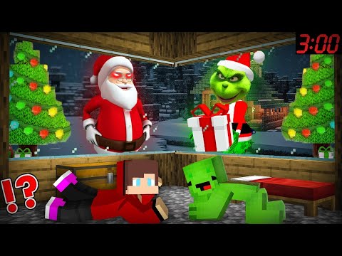 JJ and Mikey HIDE from Dark SANTA CLAUS and GRINCH in Minecraft Maizen Challenge Security House