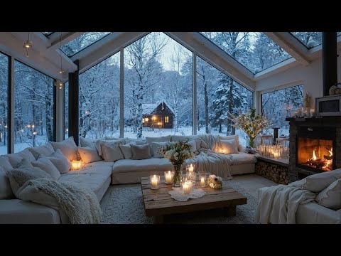 🌸🎹 Floral Lounge Piano Snow | White Floral Lounge & Warm Fire 4 Hours | Stress Relief, Healing Relax