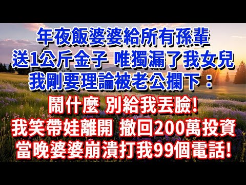 年夜飯婆婆給所有孫輩送1公斤金子，唯獨漏了我女兒，我剛要理論被老公攔下：鬧什麼，別給我丟臉。我笑帶娃離開，撤回給婆家公司的200萬投資，當晚婆婆崩潰打我99個電話！#小魚故事會#為人處世#人生感悟