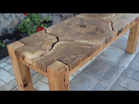 Oak bench with walnut top