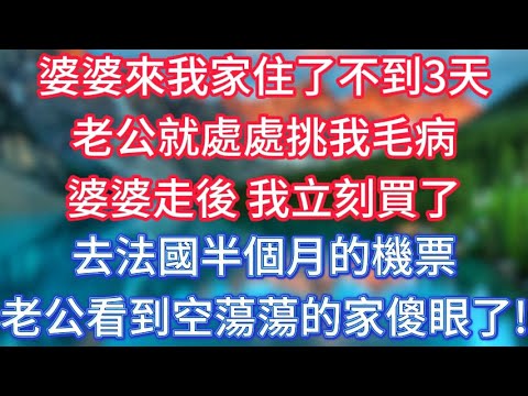 婆婆來我家住了不到3天，老公就處處挑我毛病，婆婆走後，我立刻買了去法國半個月的機票，老公看到空蕩蕩的家傻眼了！ #傾聽故事會 #情感故事 #老人频道 #老年健康 #為人處世 #老年生活