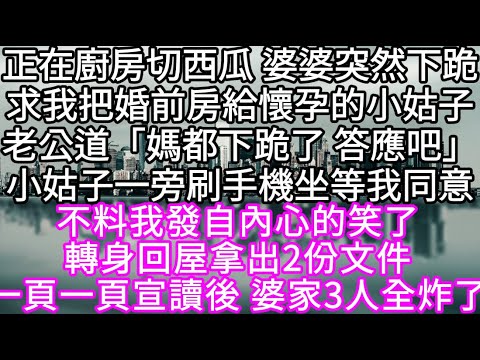 正在廚房切西瓜 婆婆突然下跪求我把婚前房給懷孕的小姑子老公道「媽都下跪了 答應吧」小姑子一旁刷手機坐等我同意 不料我發自內心的笑了 #心書時光 #為人處事 #生活經驗 #情感故事 #唯美频道 #爽文