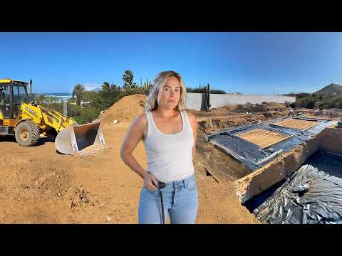 Starting to Build Our House in Mexico! Backhoe Digs Foundations for Cistern and Concrete House 