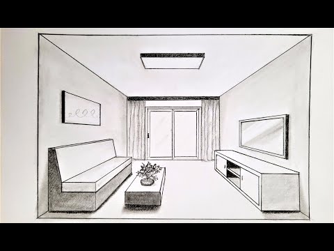 How to draw a living room in one point perspective step by step for beginners