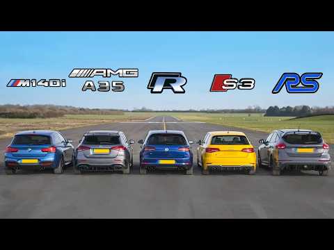 AMG A35 v BMW M140i v Golf R v Audi S3 v Focus RS - DRAG RACE, ROLLING RACE & BRAKE TEST