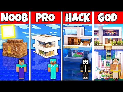 Minecraft Battle: NOOB vs PRO vs HACKER vs GOD! MODERN HOUSE ON WATER BUILD CHALLENGE in Minecraft
