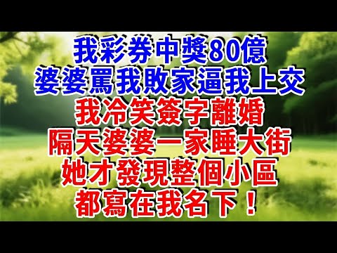 我彩券中獎80億，婆婆罵我敗家逼我上交，我冷笑簽字離婚，隔天婆婆一家睡大街，她才發現整個小區都寫在我名下！#為人處世 #人生感悟 #故事頻道 #故事分享 #知心人生 #情感故事 #情感