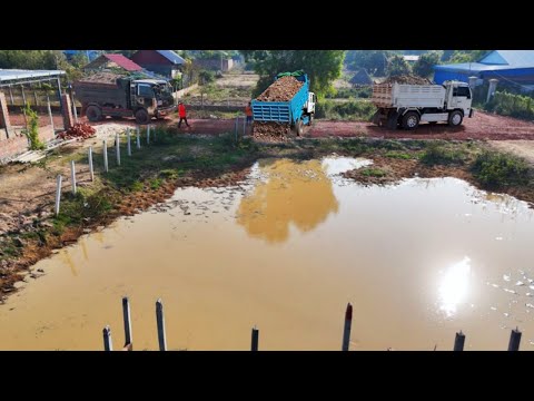 COMPLETE 100% Small PROJECT Landfill On The Flooded by Mini Dozer MITSUBISHI Pushing & Truck Dumping