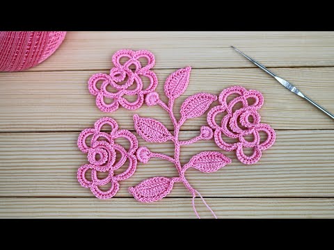 ВЕТОЧКА С ЦВЕТАМИ РОЗЫ простые мотивы для ирландского кружева ВЯЗАНИЕ КРЮЧКОМ мастер-класс CROCHET