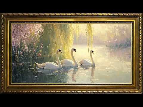 Swan Lake in Spring, Vintage Impressionist Oil Painting | Gold Framed Art Screensaver for TV