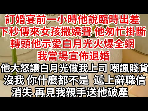 訂婚宴前一小時他說臨時出差，下秒傳來女孩撒嬌聲 他匆忙掛斷，轉頭他示愛白月光火爆全網 我當場宣佈退婚，他大怒讓白月光做我上司，嘲諷賤貨沒我你什麼都不是，遞上辭職信消失 再見我親手送他破產