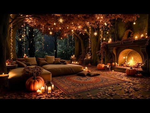 Pumpkin Lantern Autumn Porch 🍂 Rainfall & Fireplace Ambience for Study, Relaxation & Calm Sleep