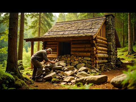 Hidden and Warm House in the Forest Made of Logs and Stones