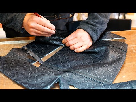 The process of turning an old luxury Gucci bag into a new clutch bag. Korean leather engineer.