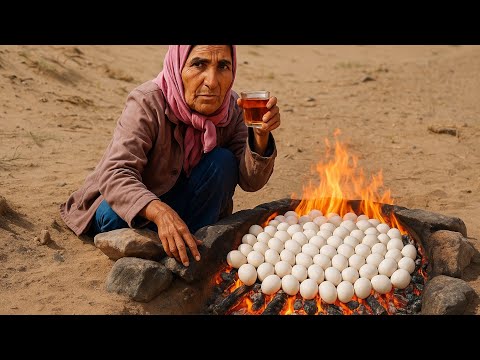 She cooked a huge batch of eggs in the desert fire pit | Nomadic life in Iran