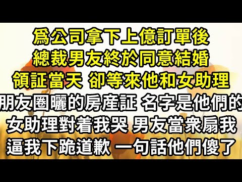 爲公司拿下上億訂單後，總裁男友終於同意結婚。可領証當天，卻等來他和女助理朋友圈曬的房産証，名字是他們的。女助理對着我哭，男友當衆扇我，逼我下跪道歉，一句話他們傻了