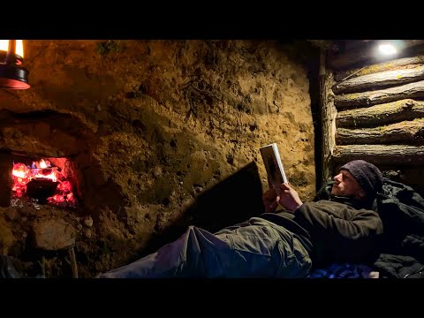 Building wood survival shelter in wildlands. Bushcraft, Dugout, Catch and Cook. Nature Sound. ASMR