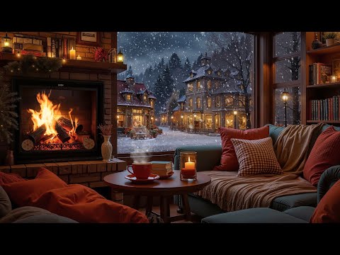 Peaceful November Winter Night ❄️ Snowfall, Soft Jazz Piano & Cozy Fireplace Ambience for Study