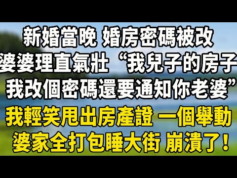 新婚當晚 婚房密碼被改婆婆理直氣壯，“我兒子的房子 我改個密碼還要通知你老婆？”我輕笑甩出房產證 一個舉動，婆家全打包睡大街 崩潰了！#養老生活 #中老年故事 #感情