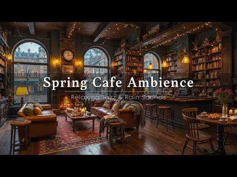 Cozy Spring Coffee Shop Ambience ☕ Relaxing Jazz with Warm Fireplace & Soft Rain Sounds for Studying