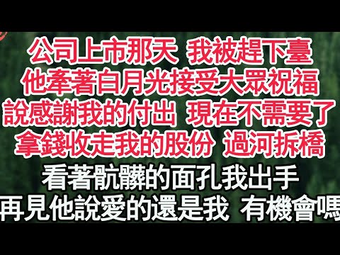 公司上市那天 我被趕下臺，他牽著白月光接受大眾祝福，說感謝我的付出 現在不需要了，拿錢收走我的股份 過河拆橋，看著骯髒的面孔我出手，再見他說愛的還是我 還有機會嗎