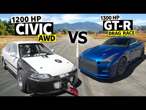 1200hp AWD Honda Civic vs 1300hp Nissan GT-R, No prep Drag Race