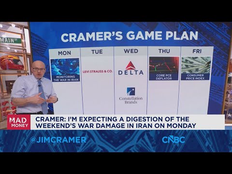 I'm expecting a digestion of the weekend's war damage in Iran on Monday, says Jim Cramer