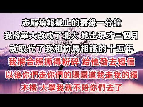 志願填報截止的最後一分鐘，我將華大改成了北大。她出現才三個月，就取代了我和竹馬相識的十五年。我將合照撕得粉碎，給他發去短信：「以後你們走你們的陽關道，我走我的獨木橋。大學我就不陪你們去了。」