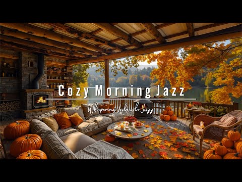 Morning Fall Jazz by the Lake🍂Cozy Autumn Café with Fireplace & Pumpkin Ambience for Deep Relaxation