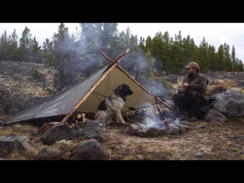 Extreme Weather Bushcraft Camping - Pole-frame Tarp Shelter, Wet Weather Fire, Solo Overnight