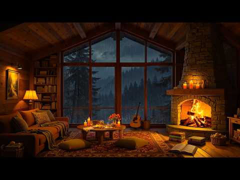 Cozy Hut Ambience 🔥 Warm Jazz Music with Crackling Fireplace & Rain Sounds for Sleep, Focus, Relax