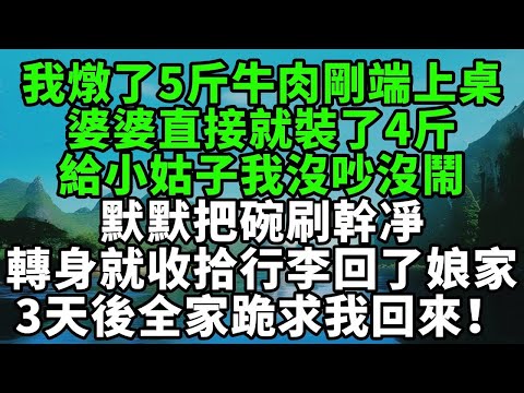 我燉了5斤牛肉剛端上桌，婆婆直接就裝了4斤給小姑子，我沒吵沒鬧，默默把碗刷幹凈，轉身就收拾行李回了娘家，3天後全家慌了跪求我回來！【風鈴故事集】#完結故事#情感故事#爽文#婆媳關系#家庭生活#故