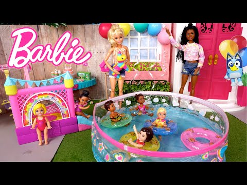 Barbie & Ken Doll Family Getting Ready for Birthday Pool Party