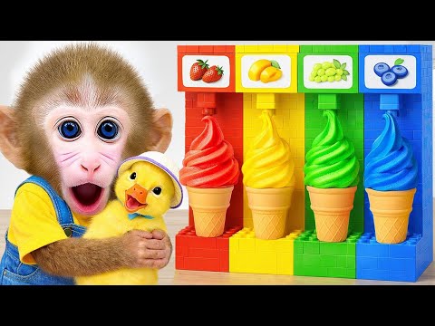 Tata Monkey Explores A Giant Rainbow Ice Cream Maker To Celebrate His Birthday With A Duckling