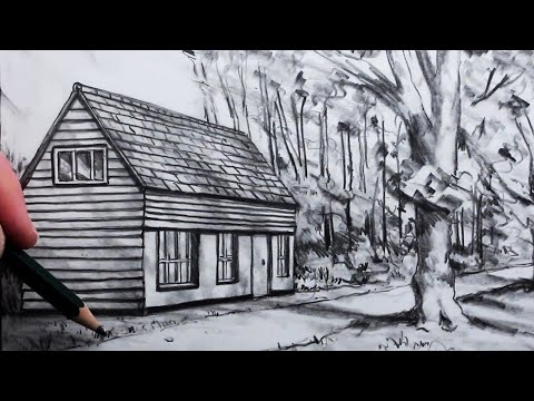 How to Draw a House using One-Point Perspective in a Landscape: Pencil Drawing