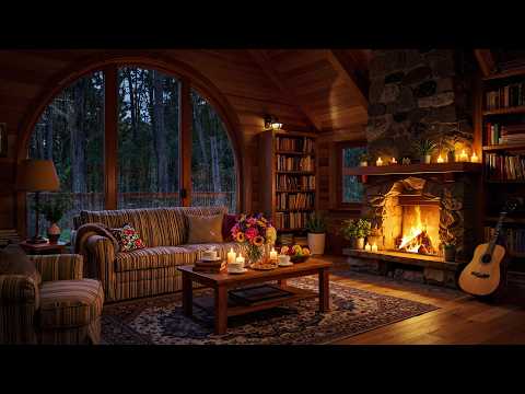 Smooth Jazz Music & Fireplace Sounds in a Cozy Cabin - Rain Sounds for Deep Sleep