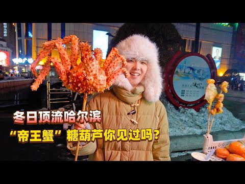 零下二十度逛哈尔滨最火的中央大街，第一次见到帝王蟹做的糖葫芦