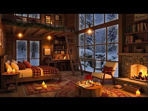Jazz Relaxing Music in a Cozy Cottage Ambience | Fireplace Sounds & Snowfall for Sleep & Calm