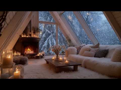 Cozy Winter Lounge Piano Ambience | Fireplace Warmth & Snowfall | Deep Focus Relax Meditation