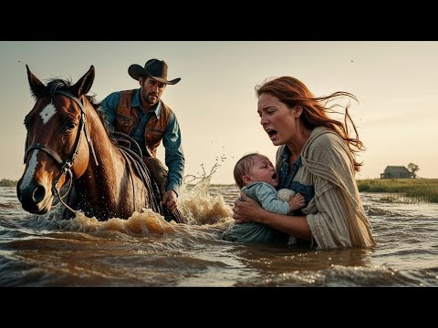 Une crue emporte leur chariot — Un cow-boy saute de son cheval pour sauver le bébé
