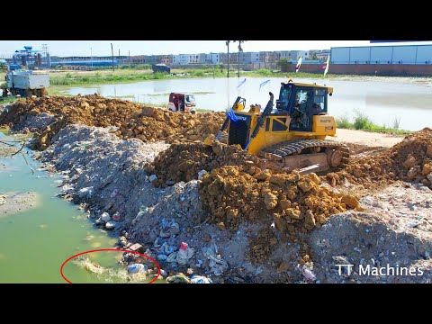 Great Job Heavy Shatui Dozer Push Stone Into Water Open New Huge Land Project & Dump Trucks 10Wheels