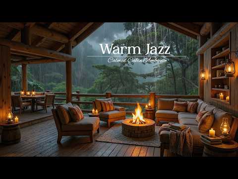 Balcony Forest Cabin Ambience & Relaxing Jazz 🌿🔥 Gentle Rain Sounds & Fireplace Glow for Chill Out