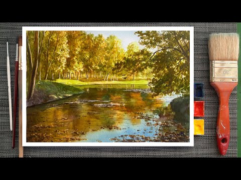 Drawing lessons. How to paint a landscape with watercolors. Watercolor for beginners. Step-by-ste...