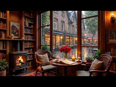 Tranquil Rainy Coffee Shop 🌧️ Calm Jazz Piano & Fireplace Sounds for Studying & Working