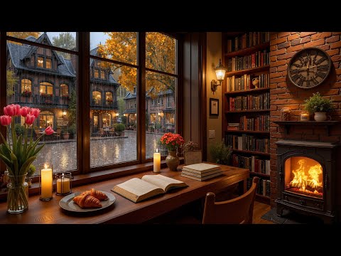 Good Mood Autumn Coffee Shop 🍂 Relaxing Jazz Piano with Rain & Cozy Ambience for Study & Work